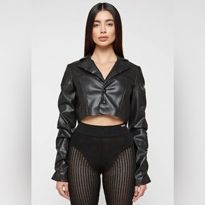 Maniere De Voir tracked vegan leather cropped jacket/blazer long sleeve - black